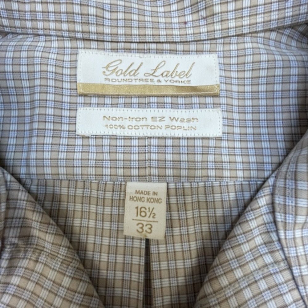Roundtree & Yorke Shirt Mens 16.5‎ /33 Blue Brown Poplin Gold Label